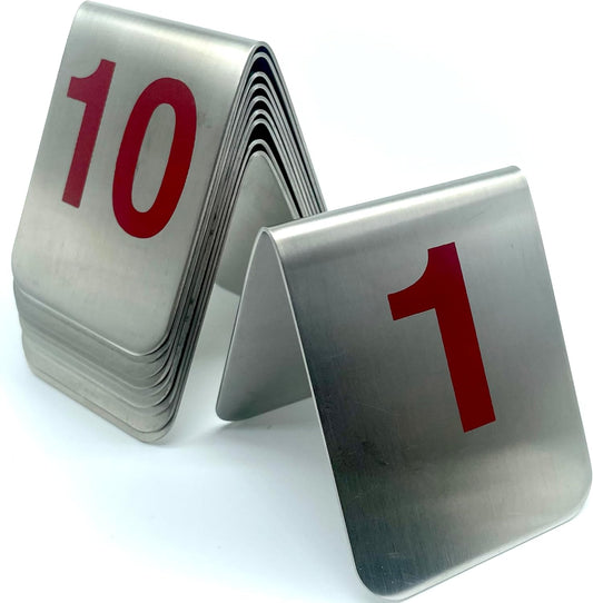 10 Pcs Metal Place Cards Stackable Tent Style Table Numbers，Place Card Holders for Celebration Wedding Party Restaurants Cafes Bars Gatherings meeting Room Board Game Serial (Medium 1-10, Red)