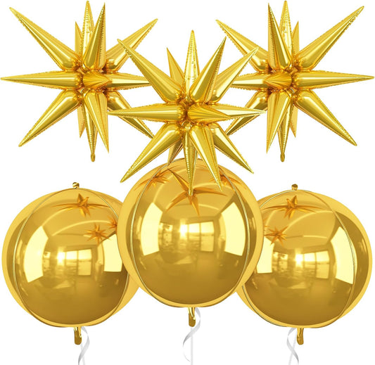 6Pcs Gold Foil Balloons,22Inch Gold 4D Round Ball Balloon and Explosion Star Balloon for Birthday Wedding Baby Shower Anniversary Graduation Decorations