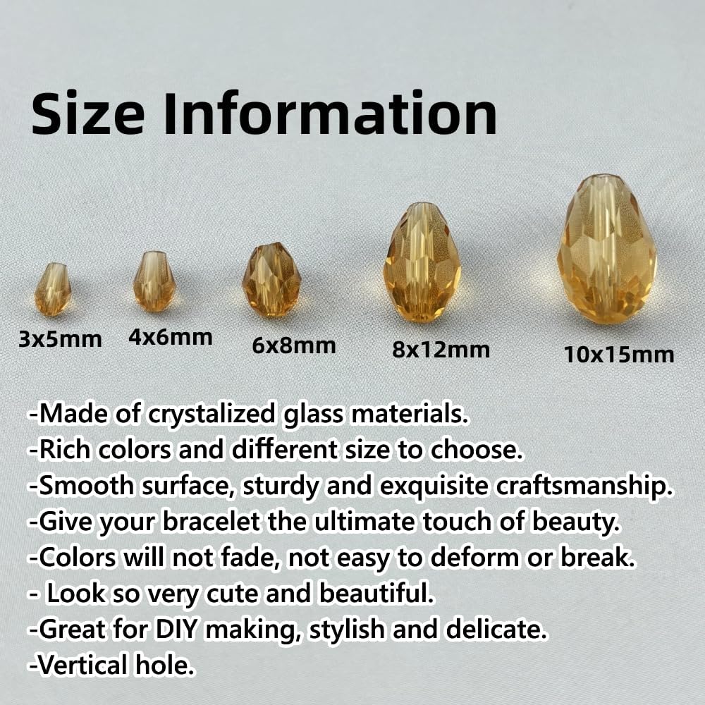 150pcs 4x6mm Teardrop Crystal Glass Beads for Jewelry Making, Faceted Vertical Hole Teardrop Glass Spacer Beads for Wind Chimes Bracelet Earring Necklace DIY Craft(Gold Champagne)
