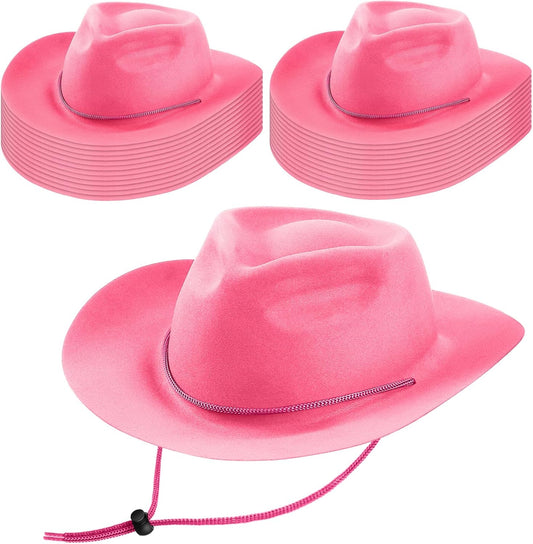 Mepase 24 Pieces Disposable Plastic Western Cowboy Hat Set Felt Wide Brimmed Cowgirl Hats for Men Women Costume Party(Pink)