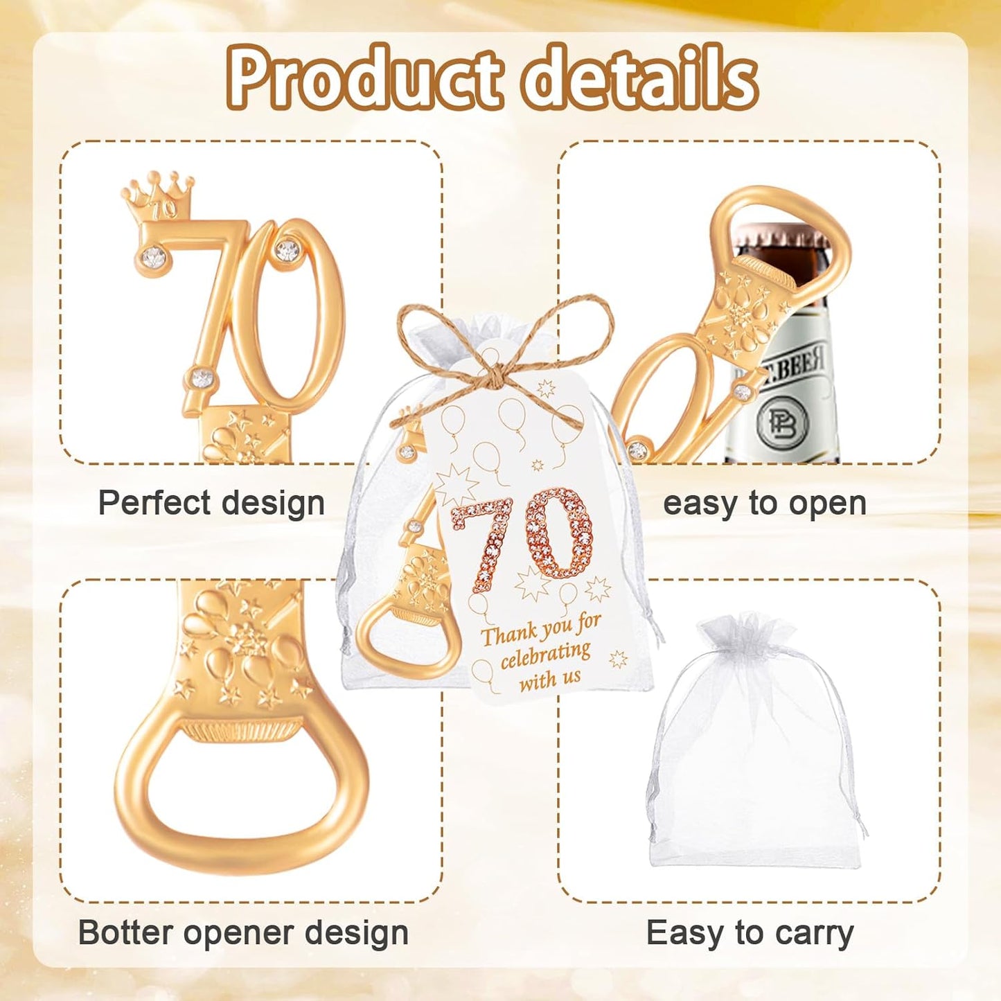 50Pcs 70th Birthday Bottle Openers, Gold, Irregular Shape, Metal Material, Perfect for Parties & Gatherings