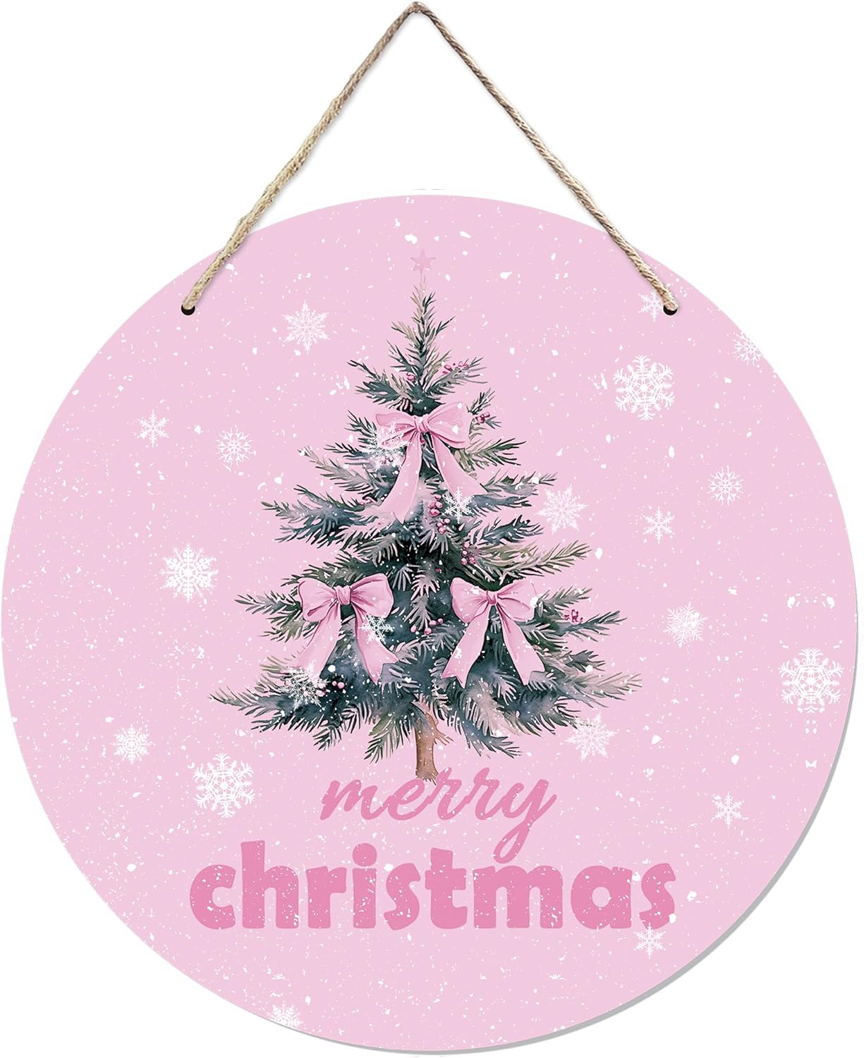 CGBHW Pink Christmas Wooden Sign, Coquette Aesthetic Christmas Tree Xmas Bows Hanging Sign Wall Decor for Girls Room Home, Winter Holiday Snowflake Door Decor 12 x 6 Inch