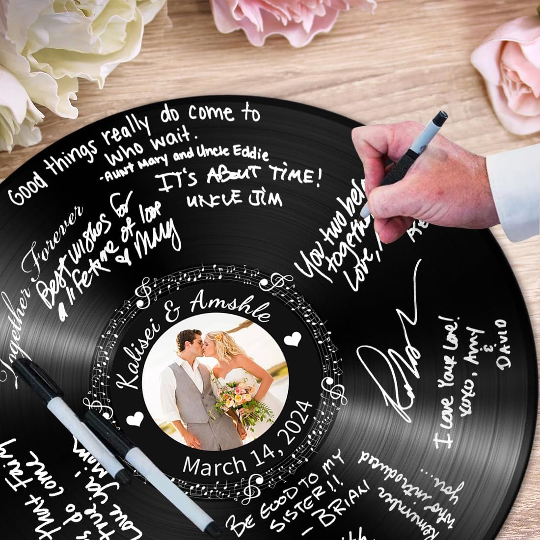 Personalized Vintage Record Guest Book Sign Custom Name Date Rustic Wedding Guest Book Alternative Unique Guest Book for Wedding Anniversary (Style 7)