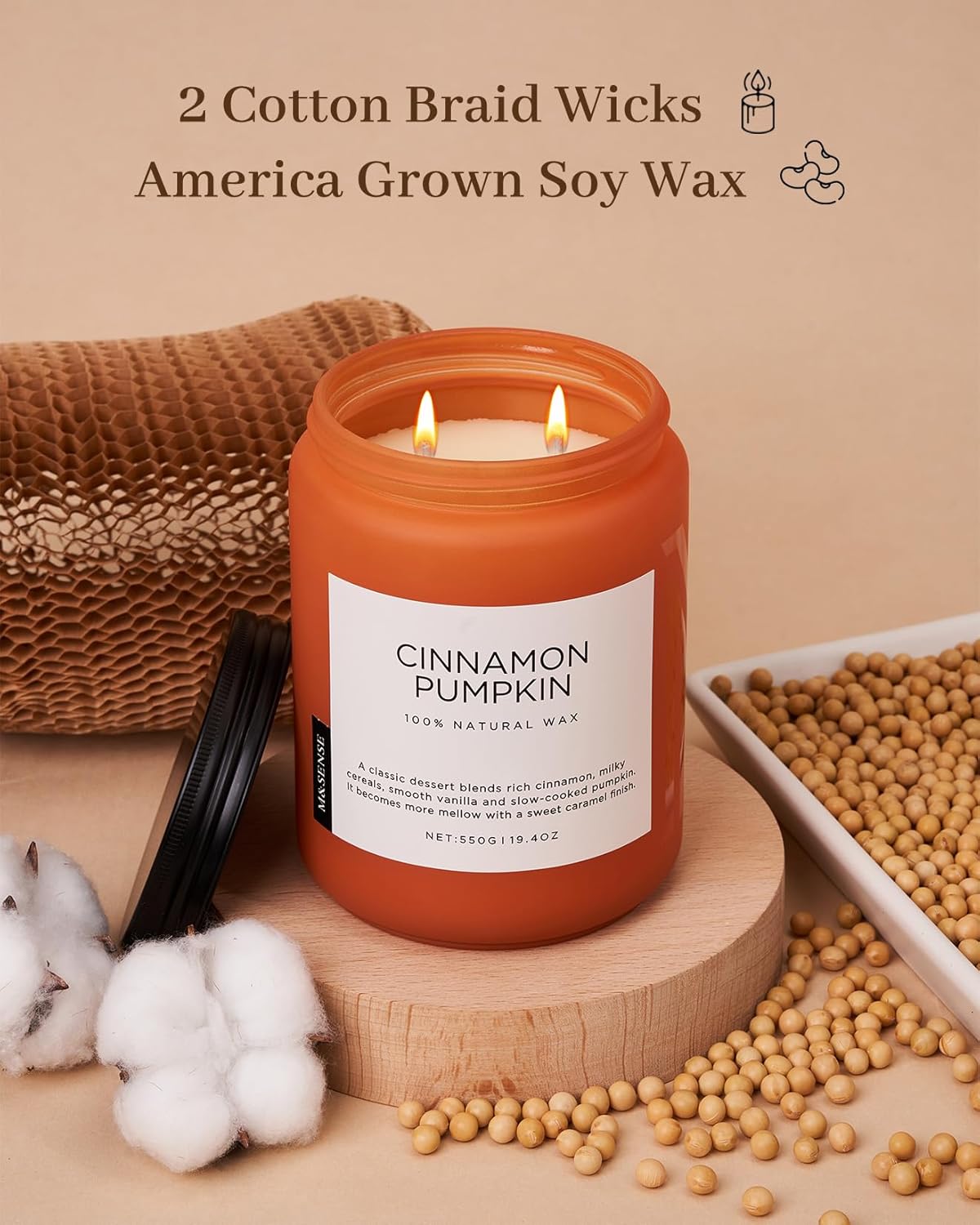 M&SENSE Cinnamon Pumpkin Fall Scented Candles, 19.4oz Soy Natural Candles 110 Hours Long Lasting Slow Burning Halloween Autumn Candle Gifts for Home Decor