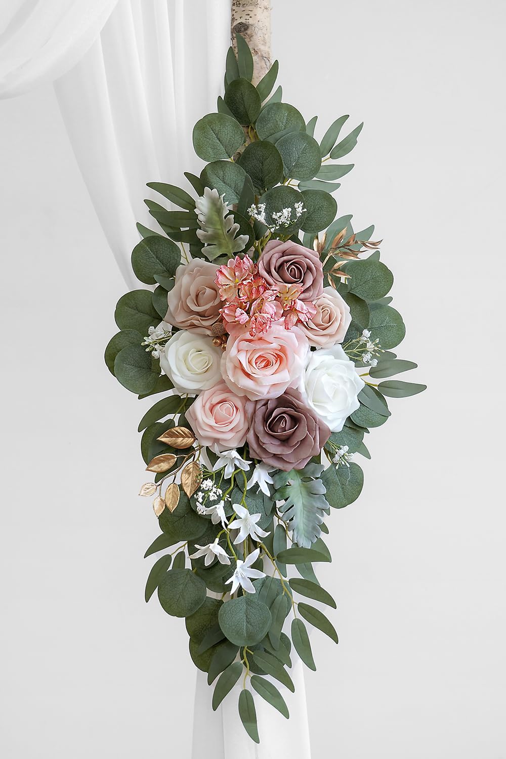 Dusty Rose Artificial Wedding Arch Flowers Kit (Pack of 3) with 26Ft White Shiny Arch Draping Fabric for DIY Wedding Party Ceremony Reception Backdrop Floral Decoration