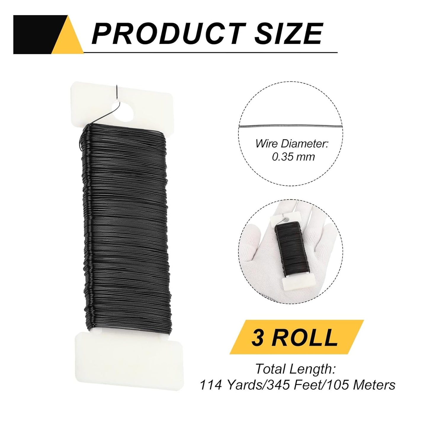 MECCANIXITY 114 Yards/345 Feet 27 Gauge Metal Floral Wire Black Flexible Paddle Thin Floral Wires for Craft, Christmas Wreath, Flower Arrangement, Wedding, Total 3 Roll