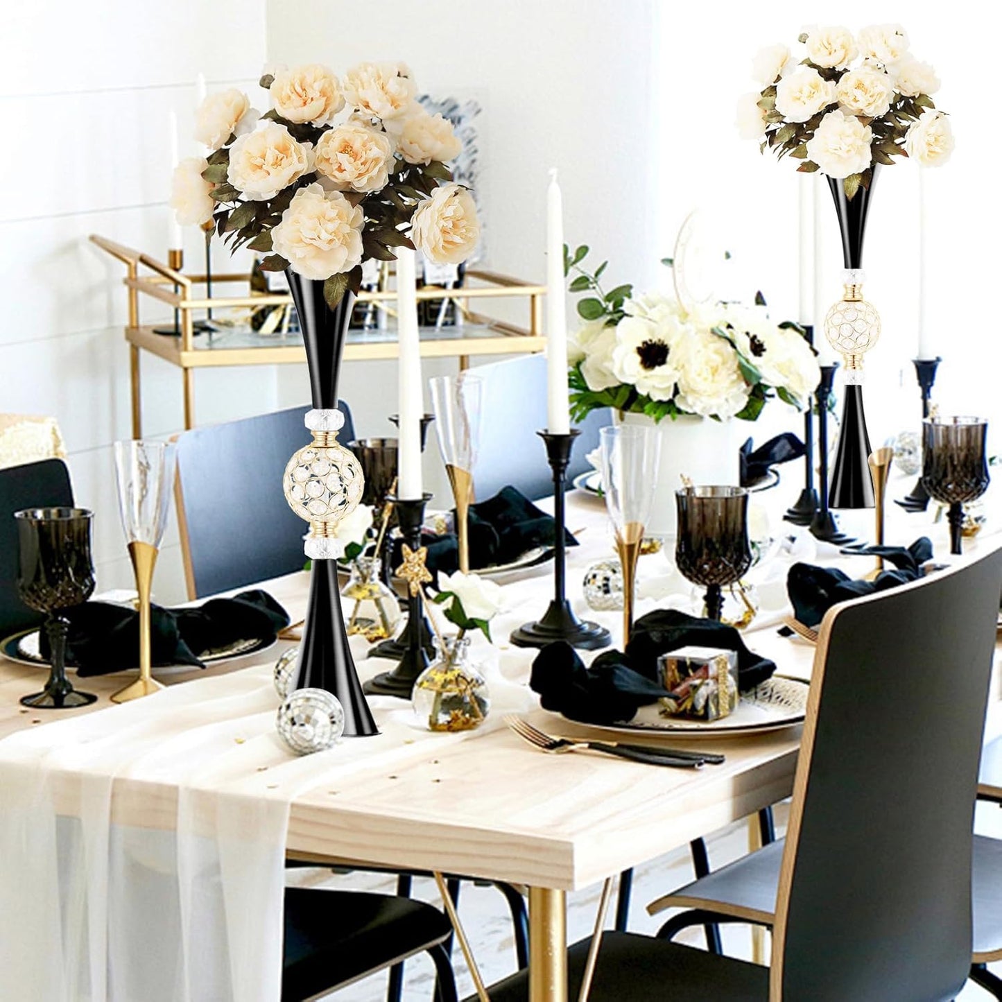 VIJIV Gold Tall Crystal Flower Vases for Centerpiece - 28'' Large Trumpet Vase for Bouquet Skinny Decorative, Table/Floor Vase Flower Stand for Party Event, Dining Table Décor, Bridal Shower, Wedding