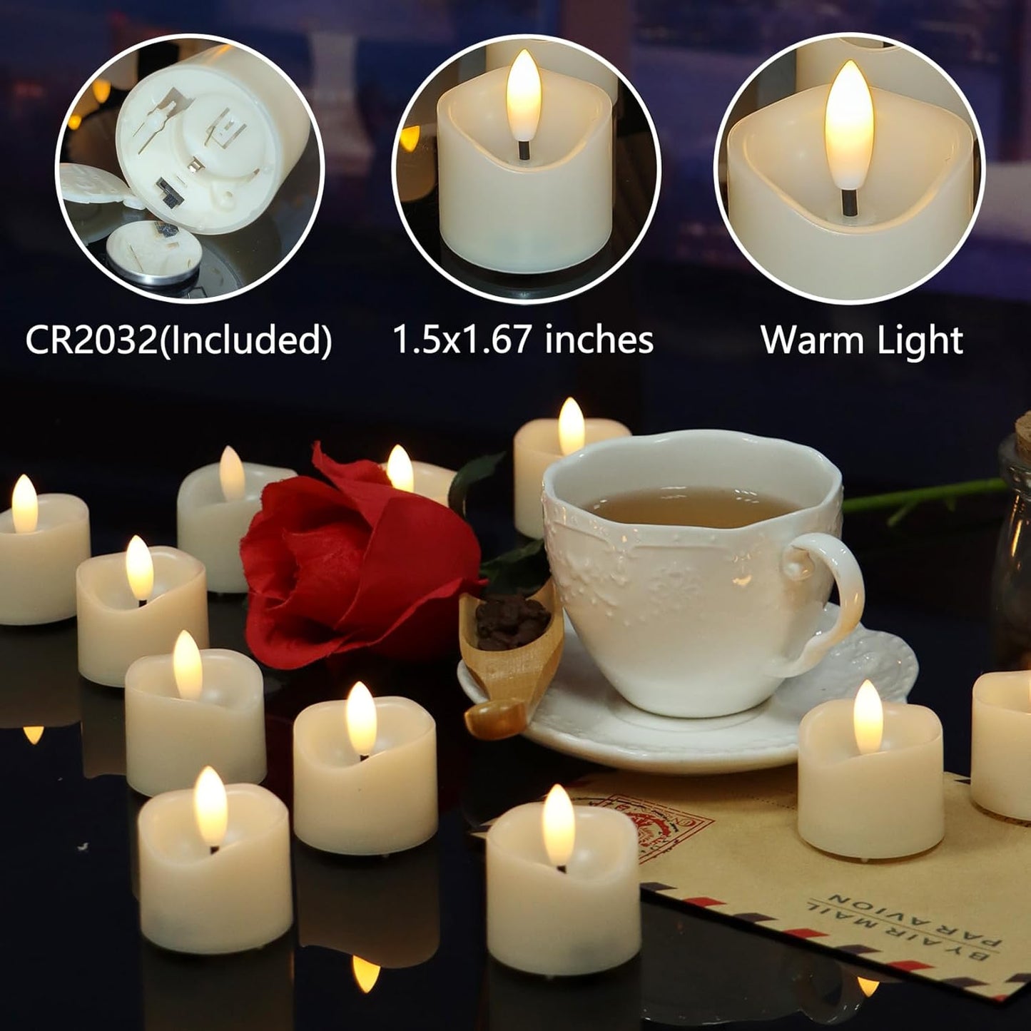 12 Pack Battery Operated Votive Candles 1.5 x 1.67 inches Flameless Votive Tealights Black Wick Tea Lights LED Electric Fake Candles Realistic for Wedding Christmas Thanksgiving Party Decoration