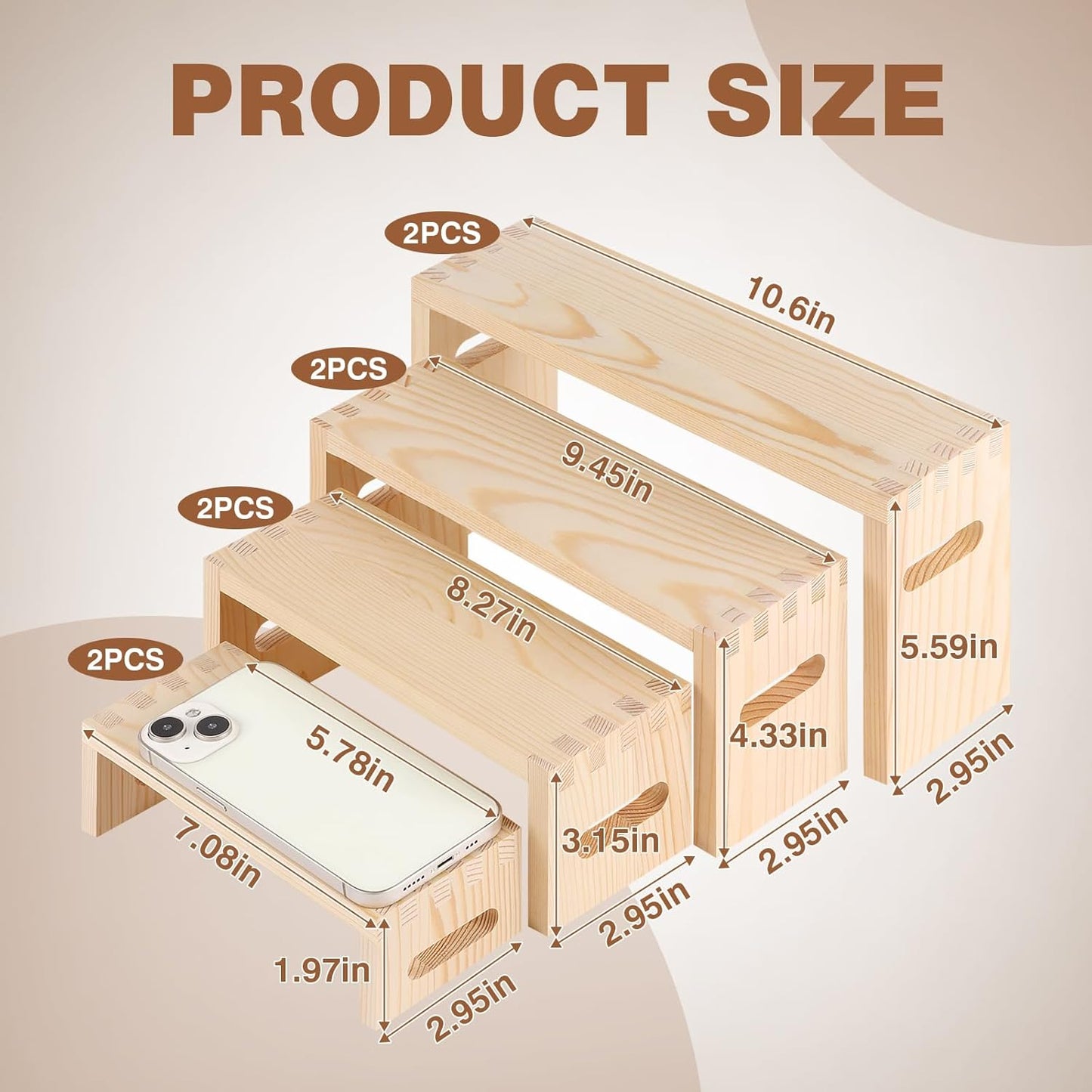 8 Pcs Wood Risers Display Stands, 2 Set Wooden Risers for Table Display, 4 Tier Rectangular Riser Display Stand Wooden for Cupcake, Desserts, Perfume, Collections, Jewelry Showcase (Nature)