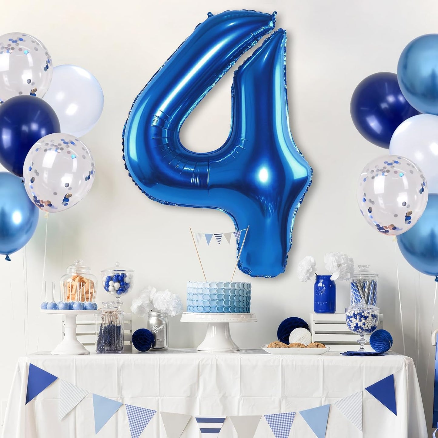 Number 4 Balloon Pastel Blue for kids, XXL 4th Birthday Decor Foil Balloon Dark Navy Blue with Silver Confetti Helium Balloon, 40 Inch Balloon 4 for Boys Four Birthday Party Anniversary Decorations