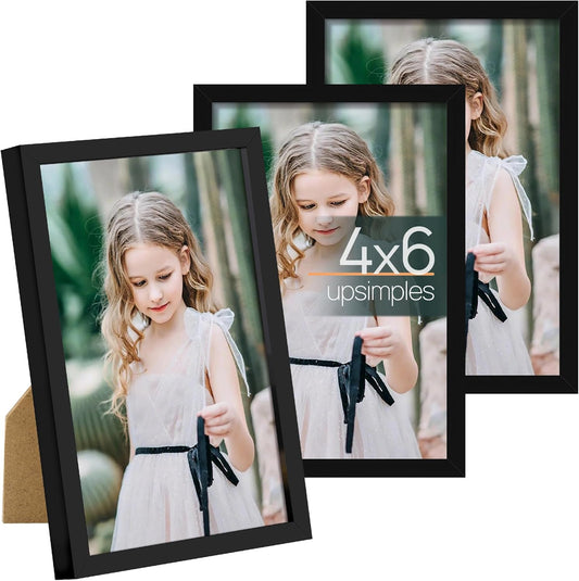 upsimples 4x6 Picture Frame Set of 3, Made of High Definition Glass for 4 x 6, Wall and Tabletop Display Thin Border Photo Frames for Home Decor, Black