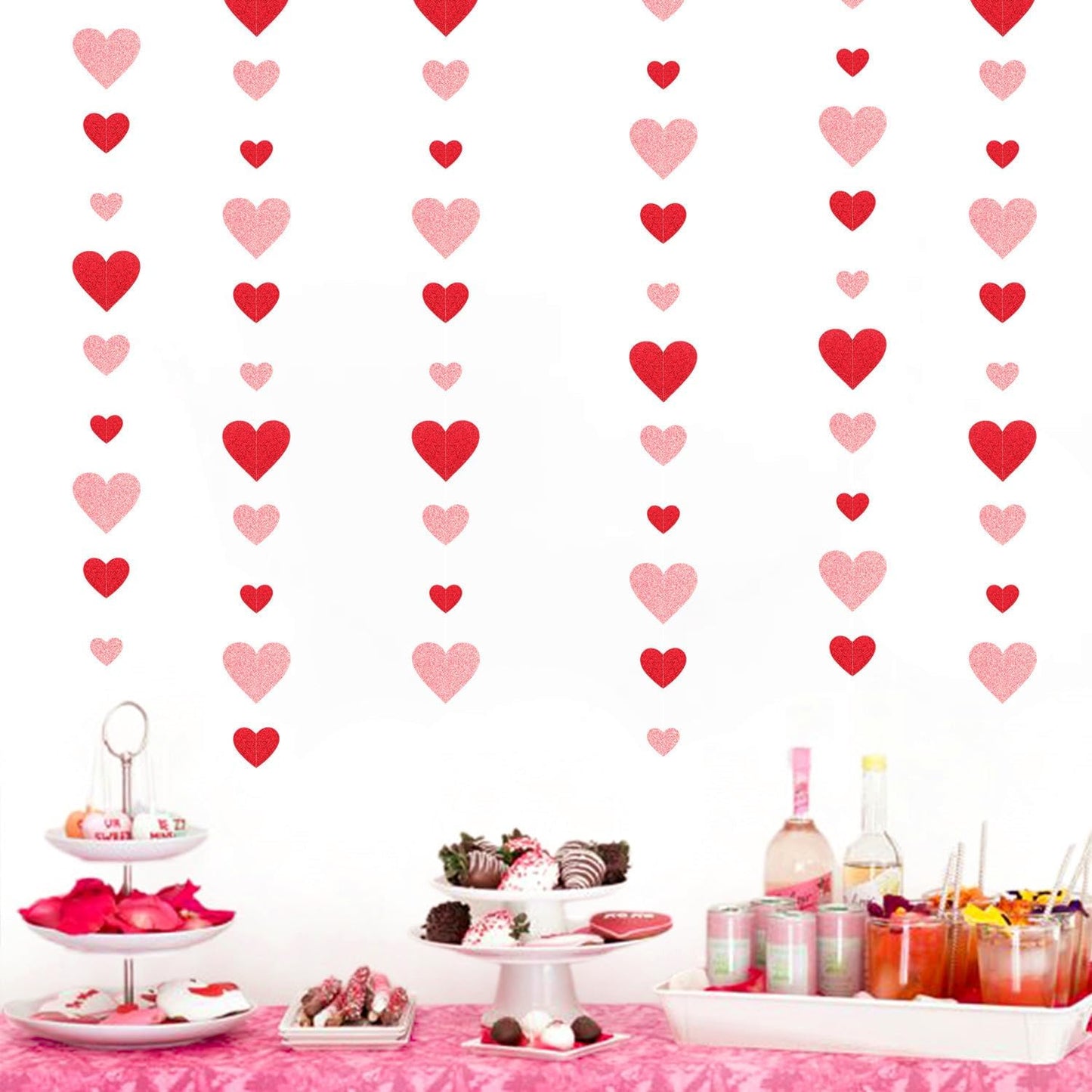 Red Pink Party-Decoration Heart Garland - 40ft Galentines Hanging Paper Streamers, Proposal Anniversary Romantic Birthday Baby Shower Rustic Wedding Hanging Ornaments Decor Hugfond