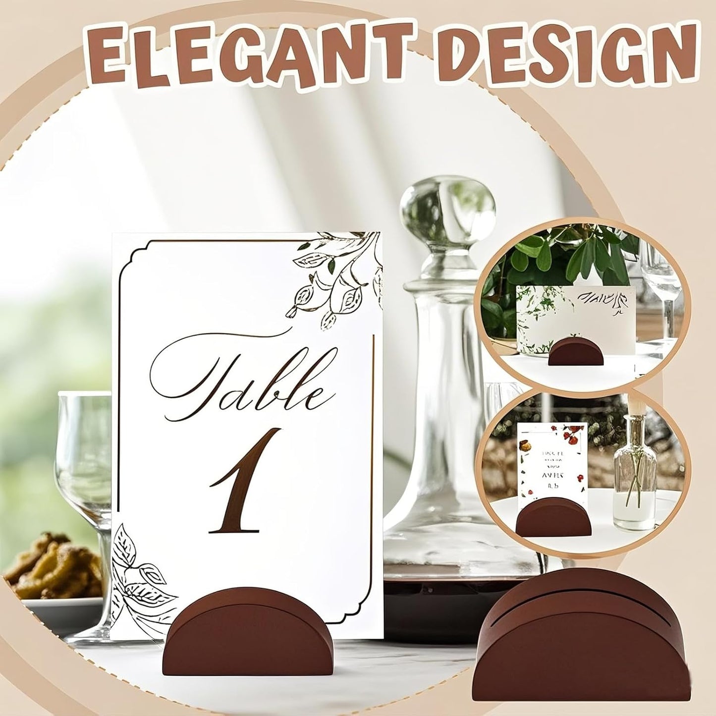 24 Pcs-6cm Table Number Stands, Wooden Semicircular Base - Wedding Place Card Holders, Restaurant Menu & Photo Holders for Tables Lightweight Indoor Design Office Tag Clips Banquet Birthday Party (brown)