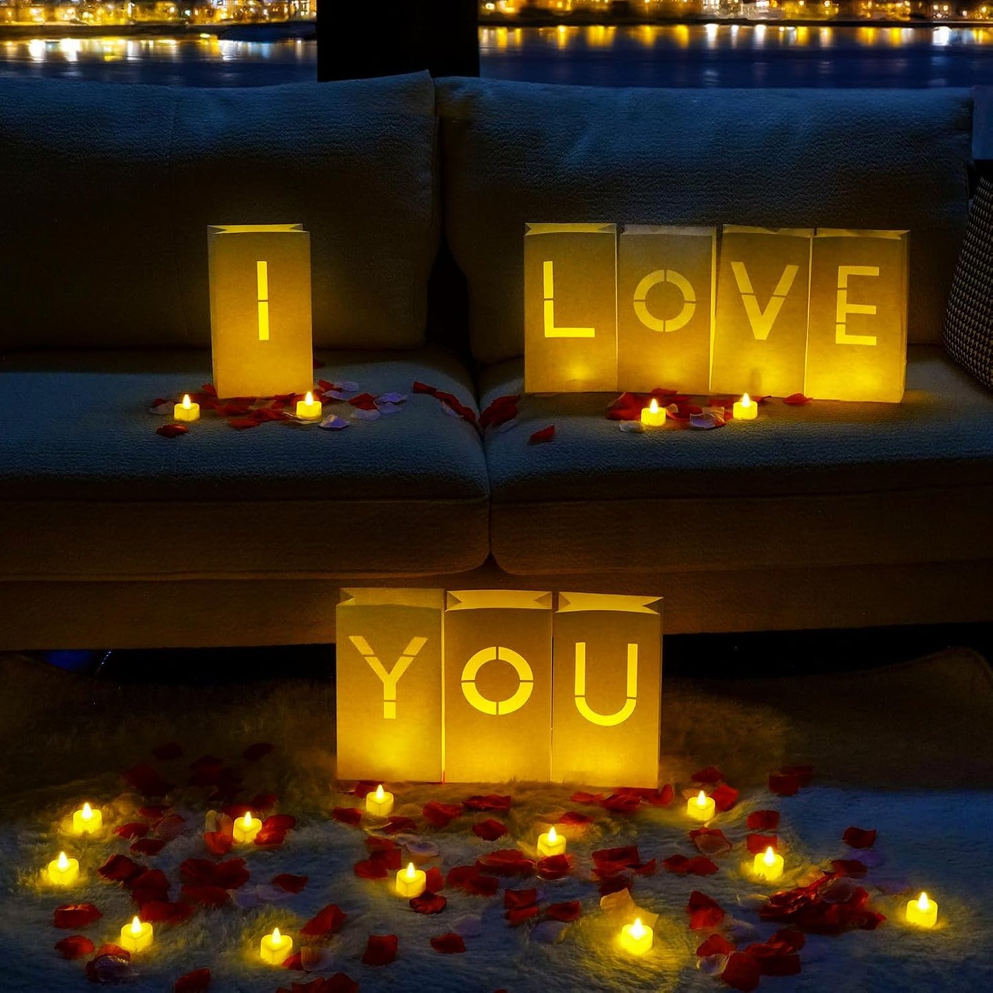 Homemory I Love You Light Up Letters Proposal Decorations with Flameless Candles and Fake Rose Petals, Valentine's Day Luminary Bags Romantic Decorations Special Night for Wedding Anniversary