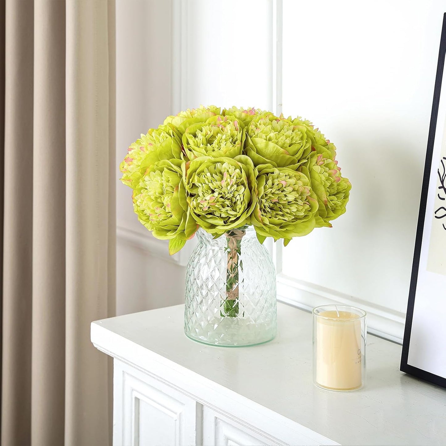 U'Artlines 10 Heads Artificial Peony Silk Flower Leaf Home Office Wedding Party Festival Bar Decor (Green)