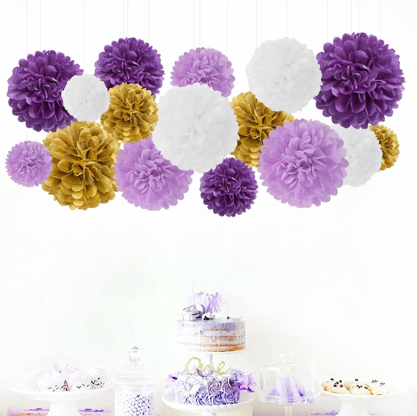 Purple White-Gold Lavender Tissue Pom-Poms - 16pcs Purple Birthday Party Decorations Paper Flowers Garland Wedding Baby Bridal Shower Mothers Graduation Festival Decor Panduola