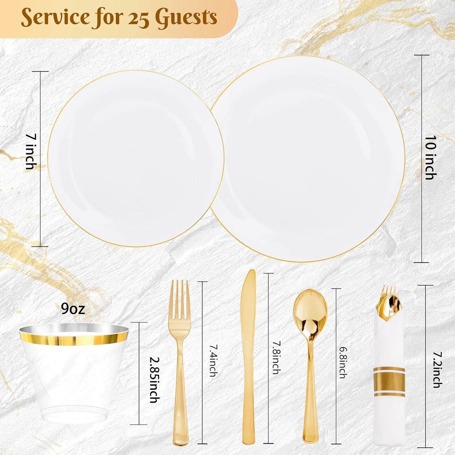 KIRE 175PCS Gold Plates Disposable - Heavy Duty White and Gold Plastic Plates Dinnerware Sets - 25 for Dinner 25 for Dessert 25 Pre Rolled Napkins and 25 Cups for Birthday/Thanksgiving Party/Wedding