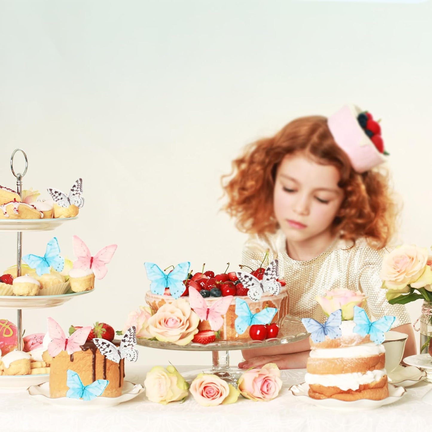 Ephlyn 48Pcs Edible Butterfly Cupcake Toppers Cupcake Picks Edible Butterfly Cupcake Decorations for Theme Baby Shower Kids Birthday Party Cake Supplies Multi