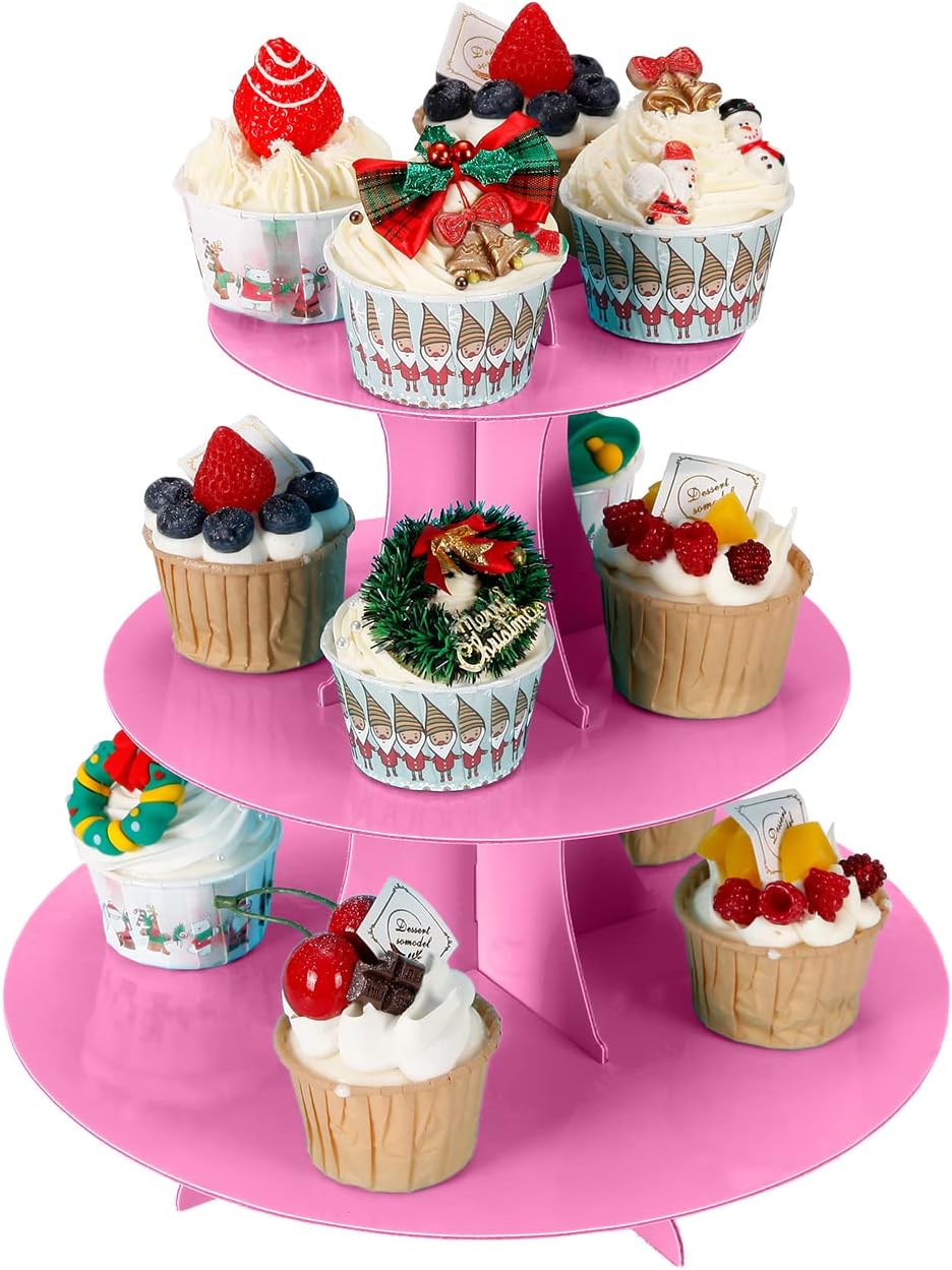 3-Tier Cupcake Stand, Cake Stand holder, Tiered DIY Cupcake Stand Tower for Dessert Table Displays, Birthday Theme Party Favors Decoration, Floral Tea Party, 12" W x 12.8" H, Pink