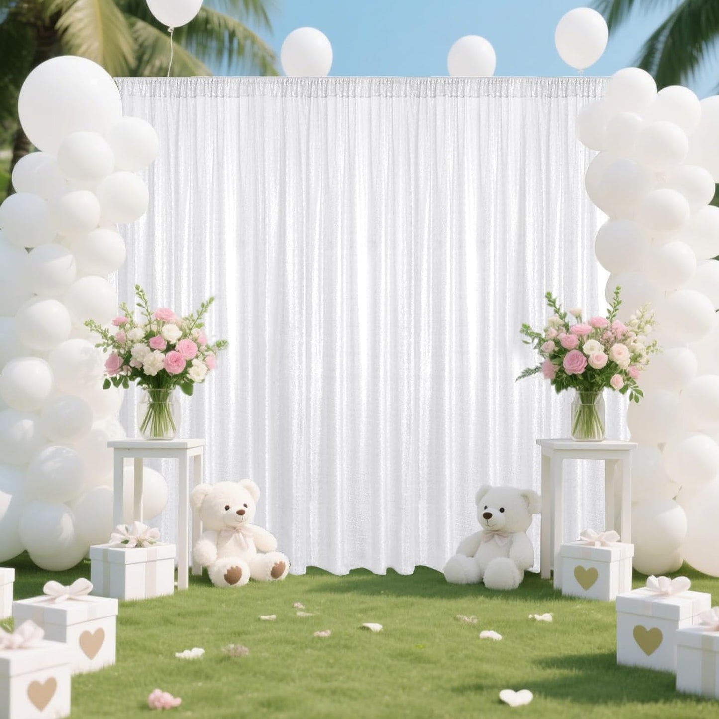 White Sequin Backdrop Curtain 4 Pieces 2FTx8FT Glitter Photography Backdrop for Party Wedding Birthday Christmas Decorations