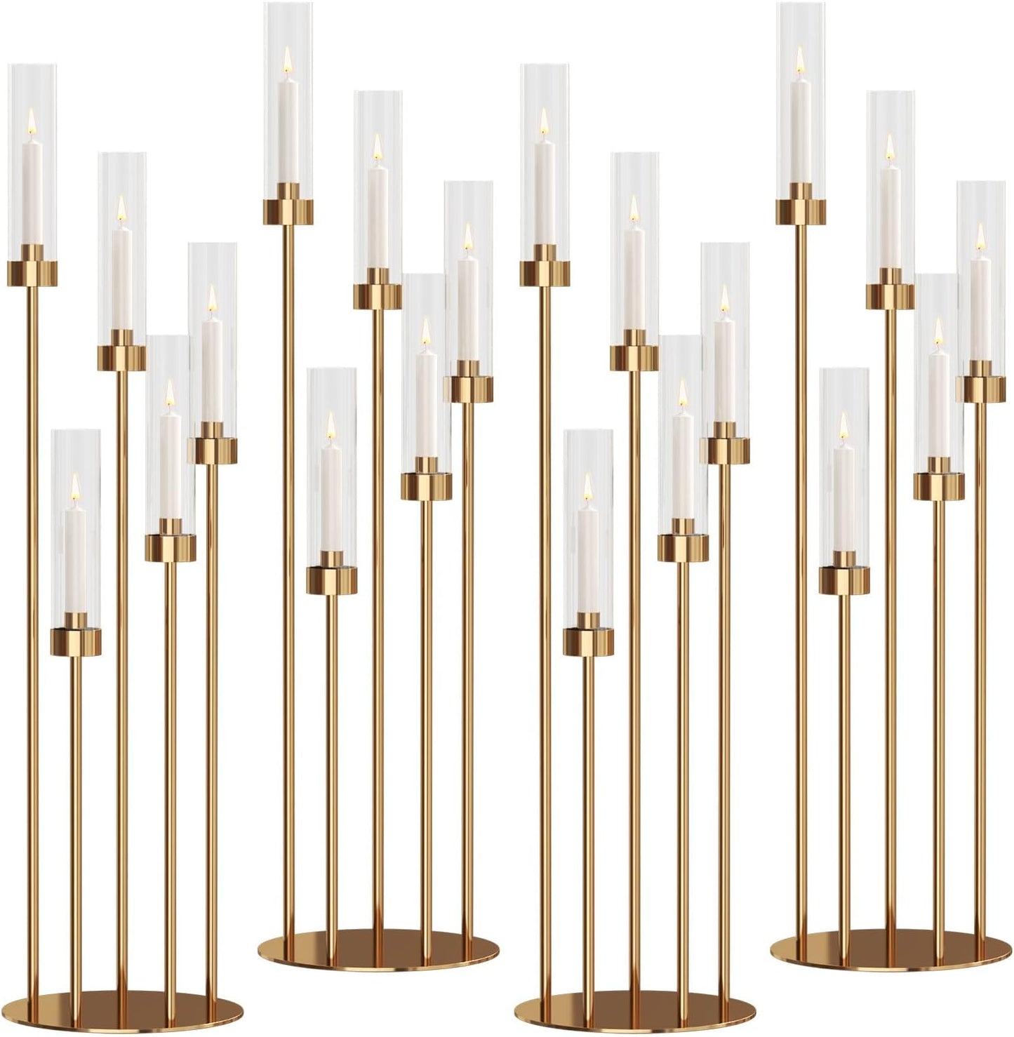 42.5'' Floor Candelabra 5 Arm Candelabra Centerpieces for Tables Gold Candle Sticks Holder 4 Set Tall Metal Candlestick with Acrylic Lampshades for Home Christmas Party (Round)