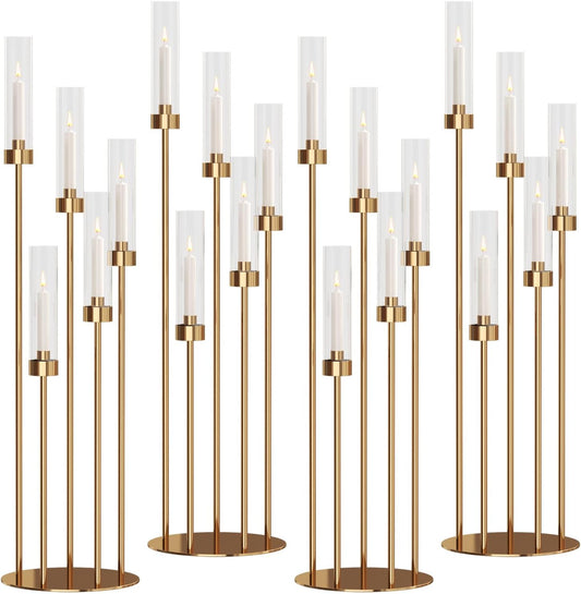 42.5'' Floor Candelabra 5 Arm Candelabra Centerpieces for Tables Gold Candle Sticks Holder 4 Set Tall Metal Candlestick with Acrylic Lampshades for Home Christmas Party (Round)