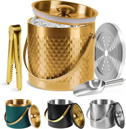 Ice Bucket, Ice Bucket with Silicone Sealing Ring Double-Wall Vacuum Insulation Champagne Buckets with Filter Layer Ice Tongs Ice Scoop (Gold, 3 L)