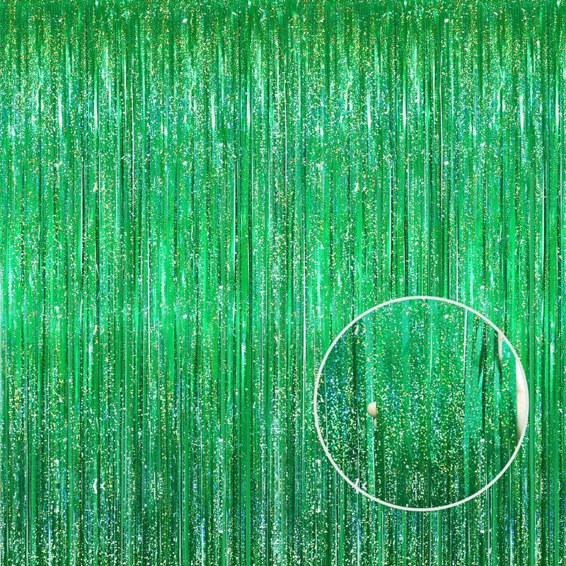 GOER 3.2 ft x 8.2 ft Metallic Tinsel Foil Fringe Curtains Party Photo Backdrop Party Streamers for Birthday,Graduation,New Year Eve Decorations Wedding Decor(3 Packs,Shiny Green)