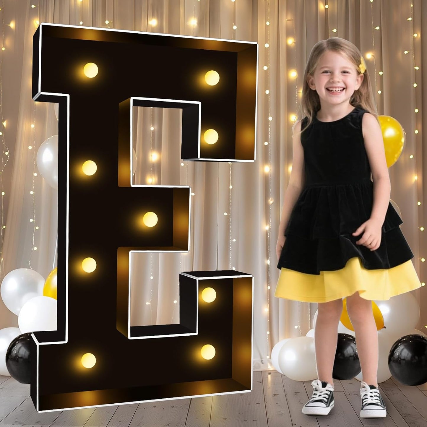 Pooqla 3 FT Marquee Light Up Letters, Black Marquee Letter Lights 3 Feet Tall, Giant LED Sign Big Mosaic Letters for Balloons Birthday Party Anniversary Wedding Decorations, Warm White E