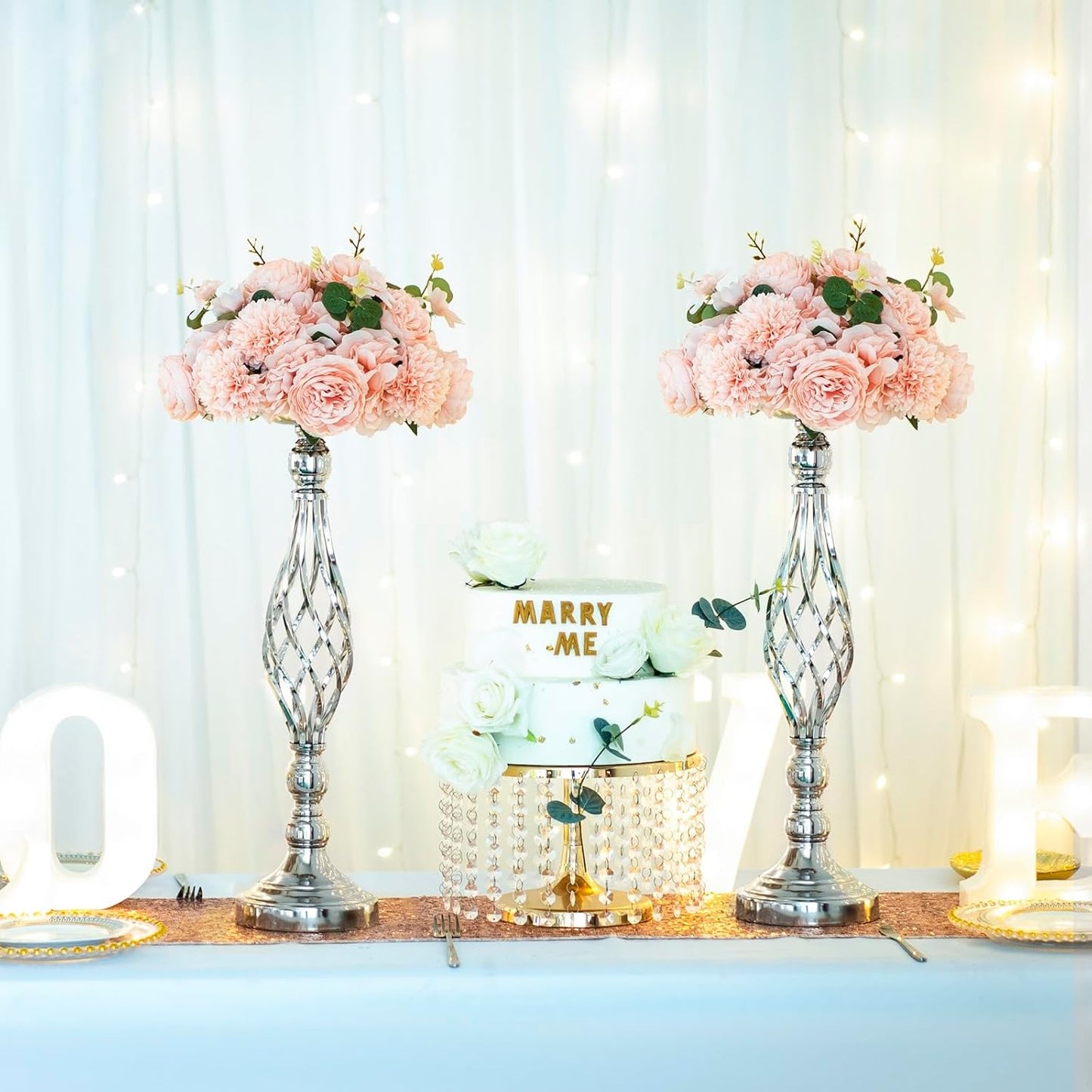 LANLONG 2pcs Metal Silver Candle Holders Road Lead Table Centerpiece Stand Pillar Candlestick for Wedding Candelabra Flowers Vases