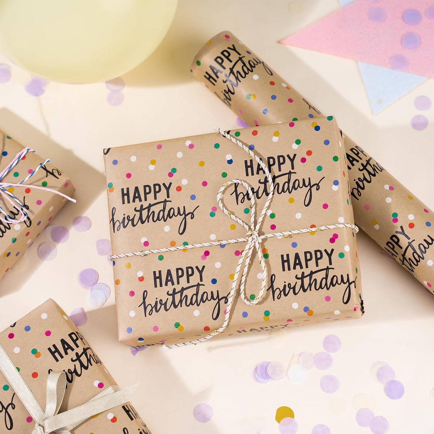 LeZakaa Birthday Kraft Wrapping Paper Roll, Happy Birthday Lettering & Colored Polka Dots Kraft Design for Holiday, Party, Baby Shower, 17 inches x 32.8 Feet (46.45 sq.ft.)