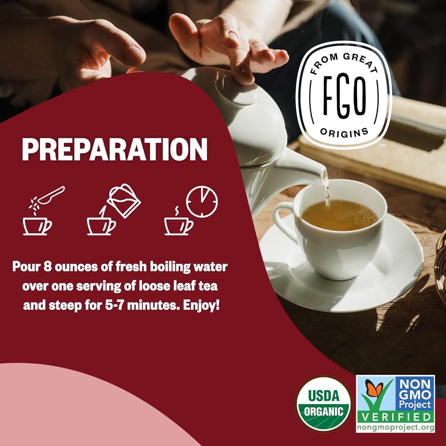 FGO Organic Red Raspberry Loose Leaf Herbal Tea, Cut and Sifted, Caffeine Free, 16oz Bulk Resealable Pouch, Packaging May Vary (Pack of 1)