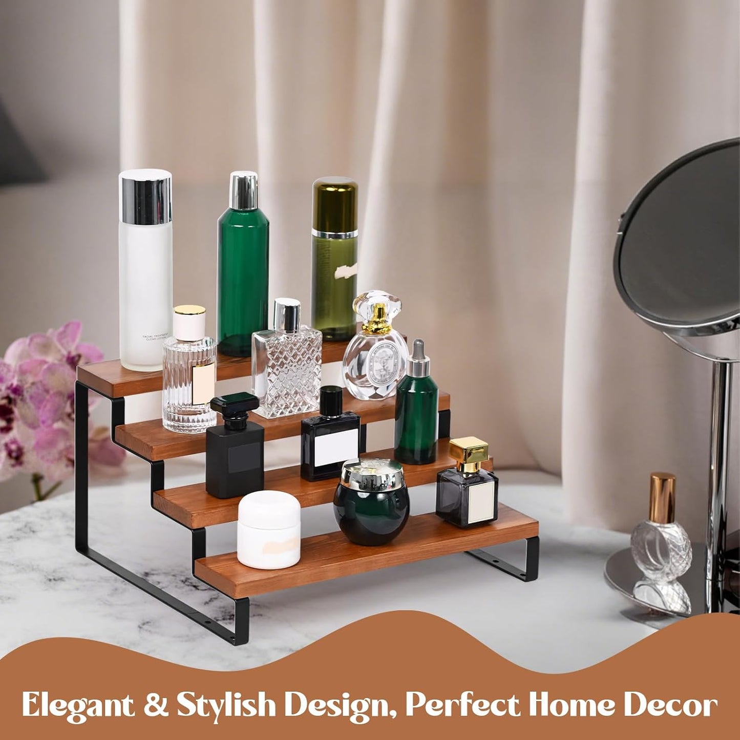 4 Tier Wooden Display Riser Stand Perfume Organizer with Metal Stand, Dessert Table Display Set, Food Display Stands for Party, Brown Rustic Solid Wood Shelf for Cupcakes, Perfume, Cologne, Spiece