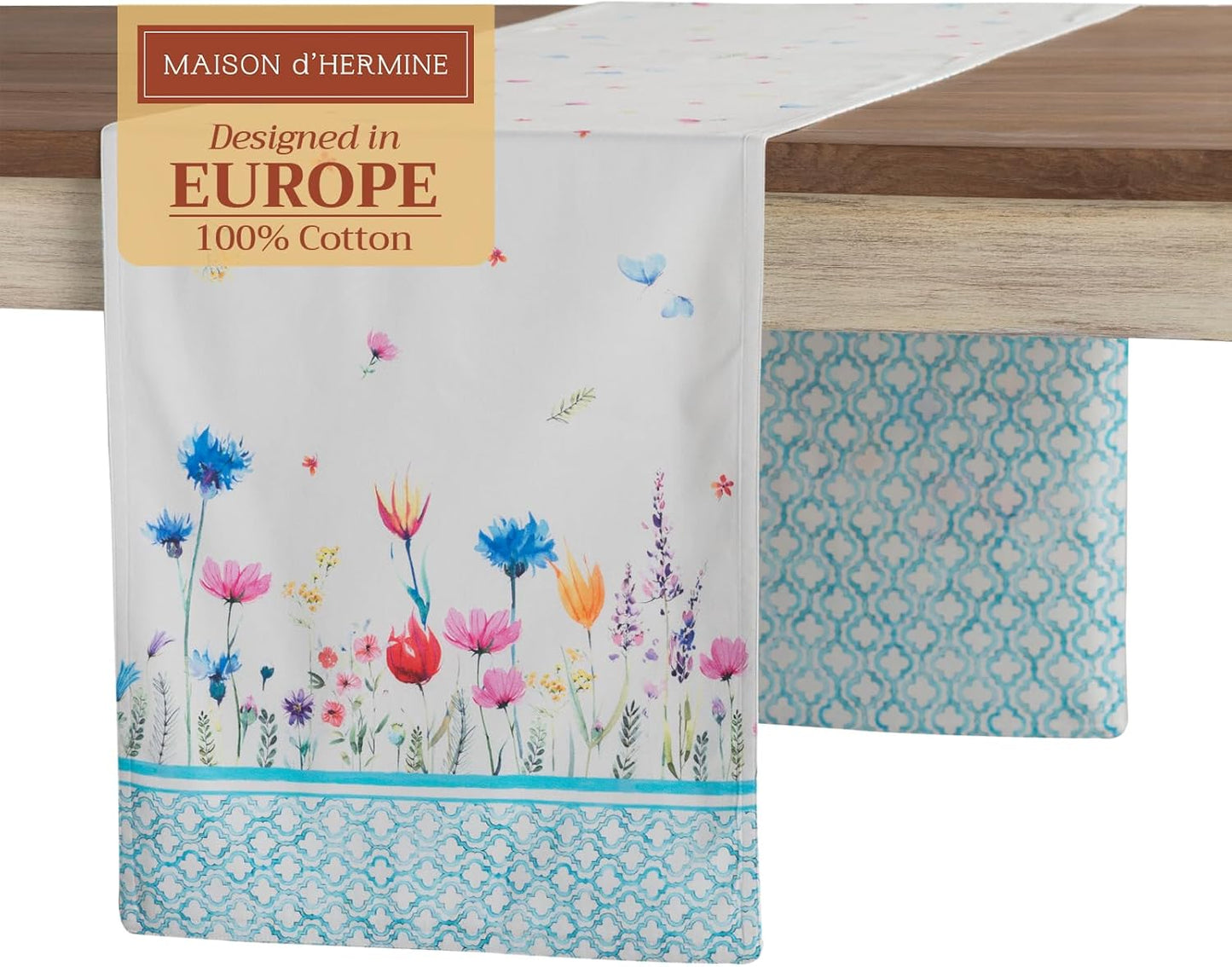 Maison d' Hermine Table Runner 100% Cotton Double Layer Table Runners 108 inches Long Decorative for Home Kitchen Dining Party Wedding Bridal Shower Spring Summer (Flower in The Field, 14.50" x 108")