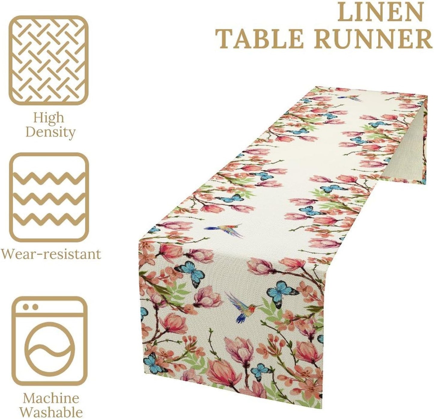 Flowers Table Runner,Floral Bird Butterfly Spring Table Cloth Kitchen Dining Table Home Party Decoration 13x36 Inch
