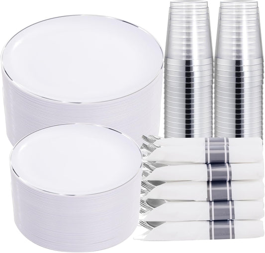 KIRE 350 PCS Plastic Dinnerware Set for 50 Guests, Silver Plastic Plates Include 50 Dinner, 50 Dessert Plates, 50 Pre Rolled Napkins with Silverware, 50 Cups for Wedding, Party, Banqet, Gathering