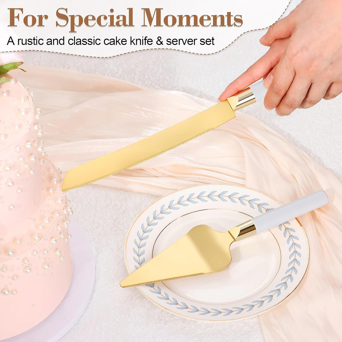 Gold Cake Cutting Set for Wedding, Wood Cake Knife & Server Set, Vintage 2-Piece Pie Cutter Serving Set, Serrated Pizza Utensils, Anniversary Birthday Bridal Gift (White)