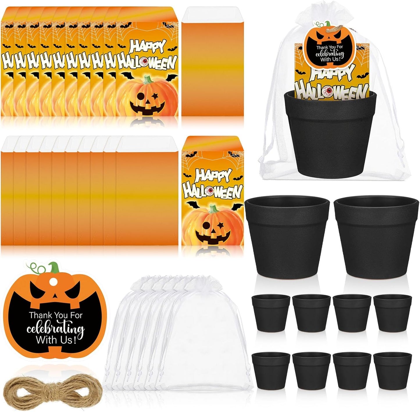 Ctosree 24 Sets Halloween Pumpkin Party Favors for Guests Pumpkin Seed Packet Favors Include Seed Bag Flowerpot Thank You Cards Hemp Ropes and Organza Gifts Bags for Happy Halloween Party Supplies