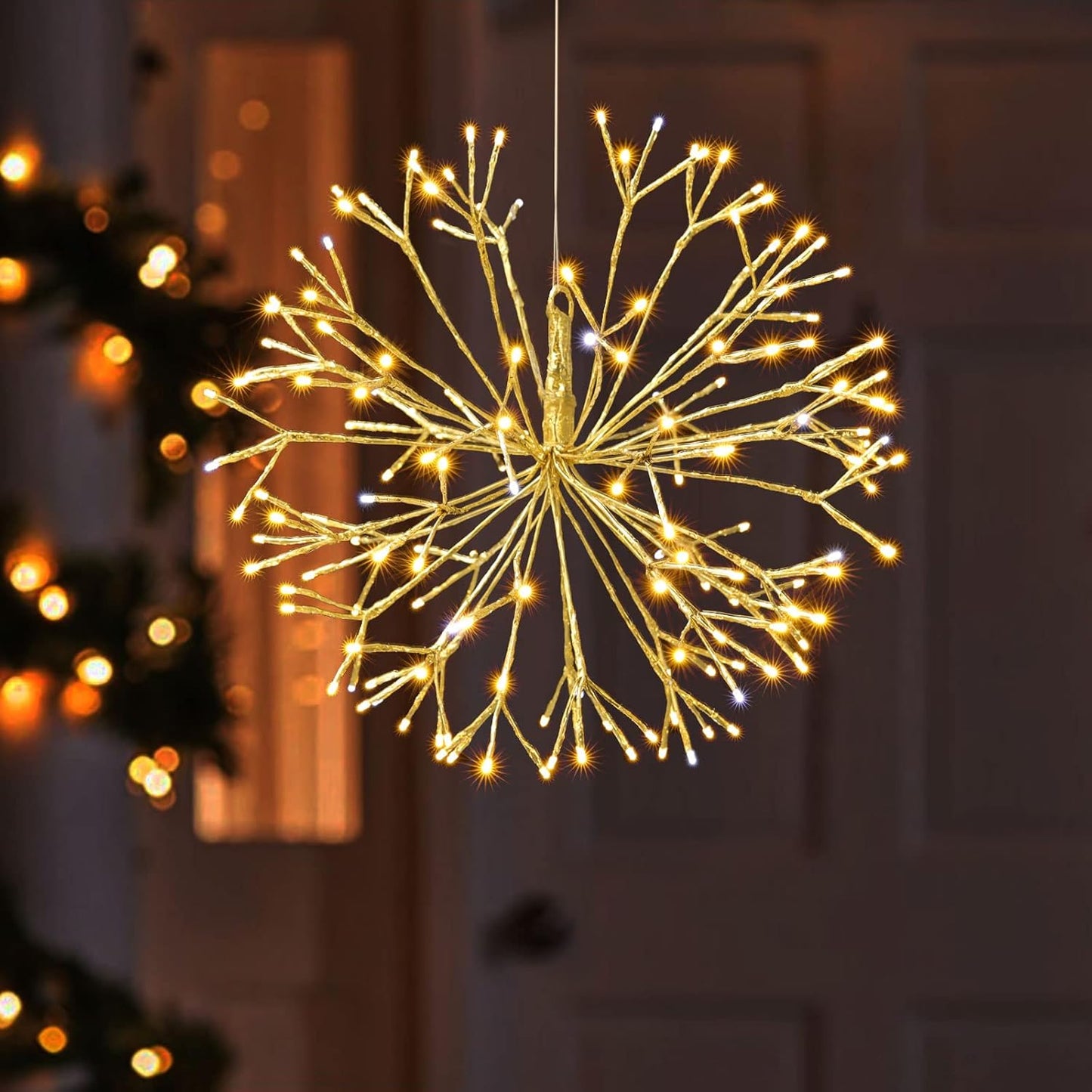 Christmas led Sparkle Ball Hanging Outdoor décorations -Haning Twig Ball,Snowflake Ornament Lights Indoor Outdoor Festive Holiday Décor 24Inch (Warm White)