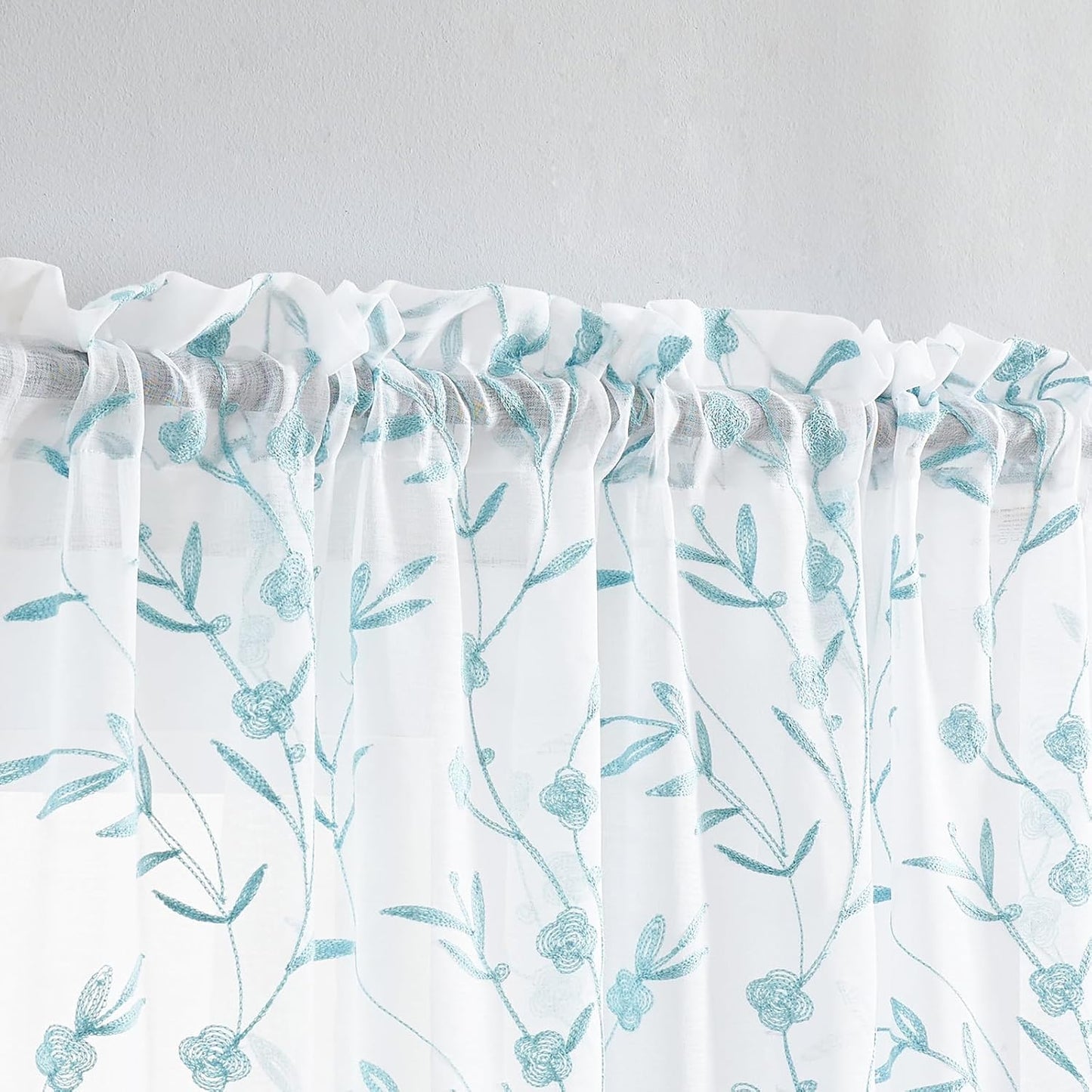 Sheer Curtains White-Blue Embroidery 63 Inch Length Rod Pocket Voile Drapes for Living room, Bedroom, Window Treatments Semi Flower Pattern Curtain Panels for Yard, Farmhouse, Set of 2, 52"x 63".