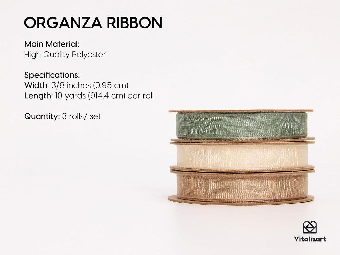 Vitalizart Organza Ribbon 3/8" x 30 Yd Cream White Rose Gold & Dusty Green Sheer Ribbons for Gift Wrapping Crafts Christmas Party Decor Bows Wedding Invitations Wreaths Bouquet