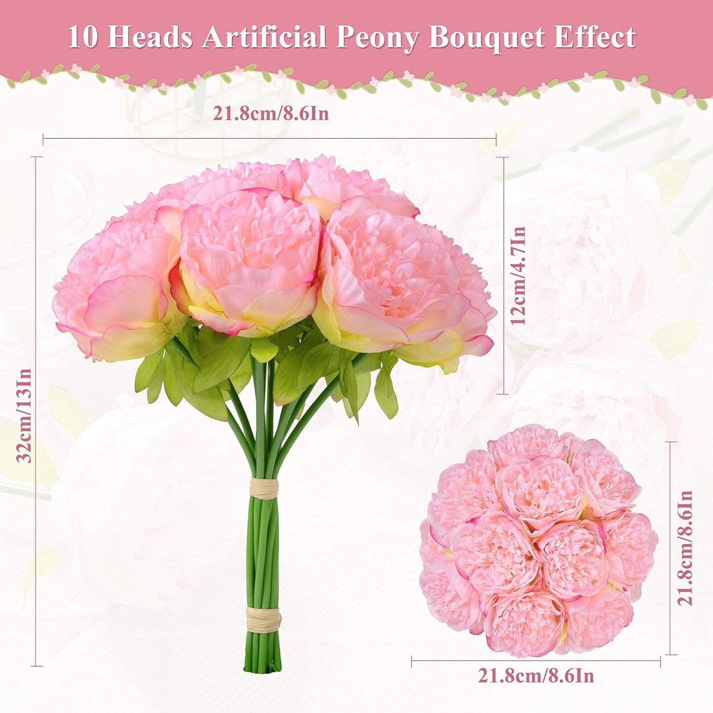 U'Artlines 2 Bouquet 10 Heads Artificial Peony Silk Flower Leaf Home Office Wedding Party Festival Bar Decor (Pink)