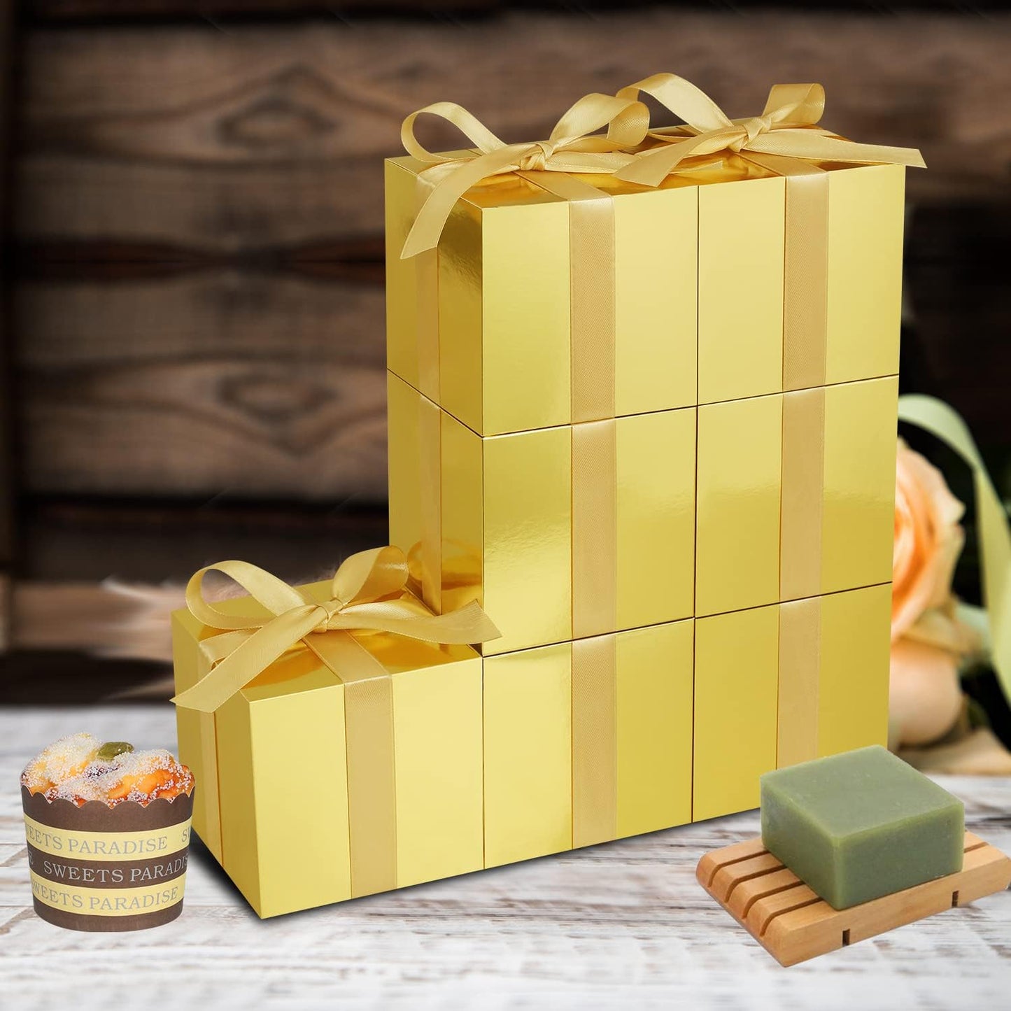 50 Pack Small Gift Boxes, 4x4x4 Favor Boxes Gold Paper Gift Boxes with Lids for Presents, Crafting, Cupcake Boxes, Gifts, Candy Boxes for Wedding Party Bridal Shower Baby Shower Favors