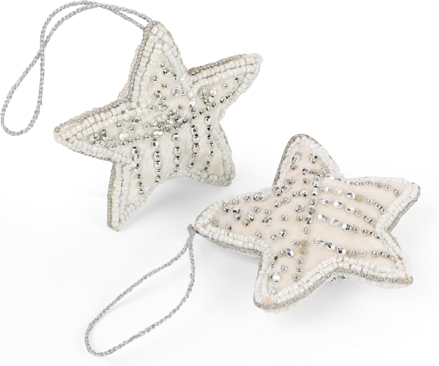 Beaded Star Hanging Ornaments with Twine - Beaded Decorative Ornaments Set of 6 for Tabletop Decoration, Bookshelf, Desk, Nightstand, Home, Office, Desktop, Cabinets, Shelf (White) - CLEENTABLE