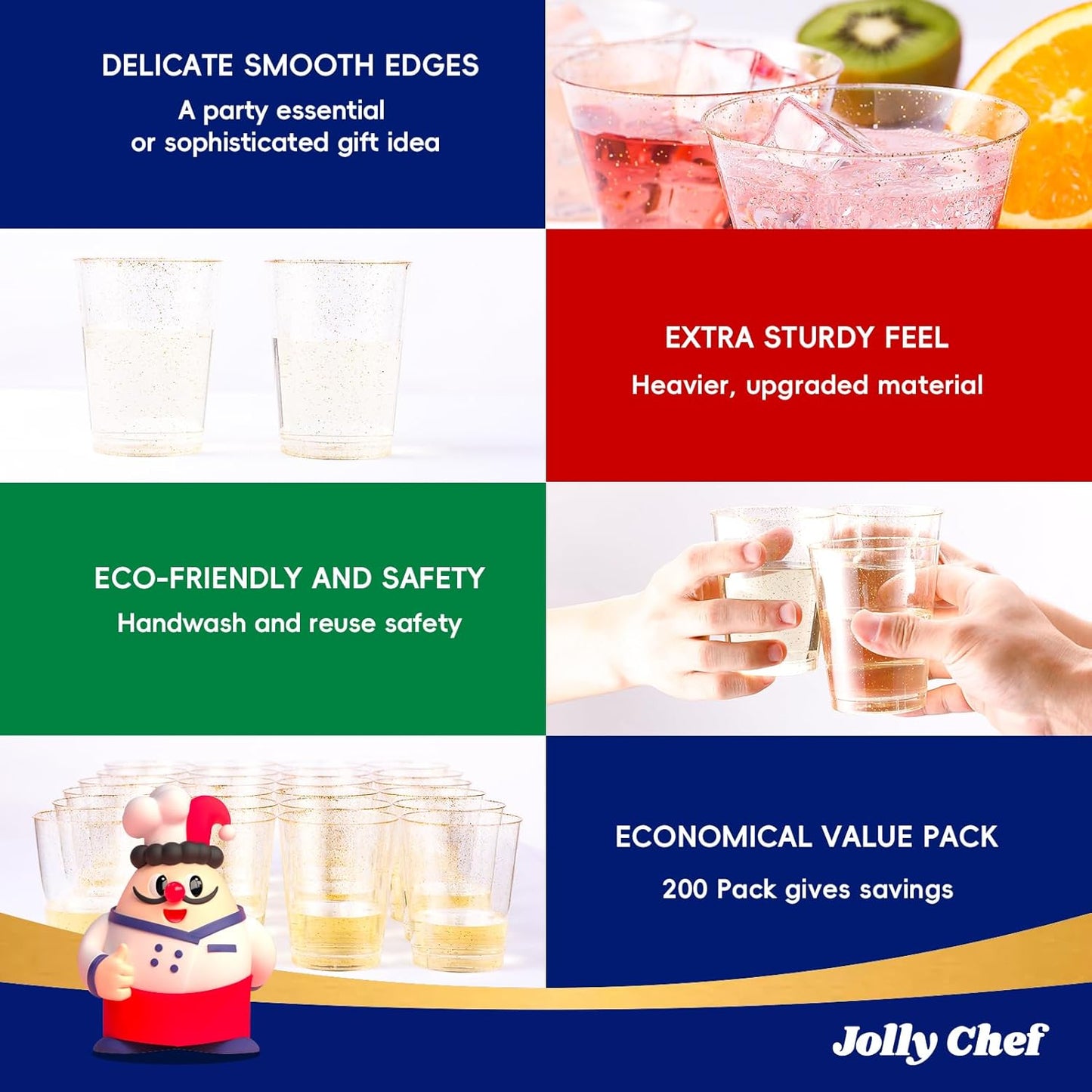 JOLLY CHEF 14 oz 200 Pack Gold Plastic Cups, Gold Glitter Heavy-Duty Disposable Cups Party Cups Tumblers, Ideal for Wedding & Party