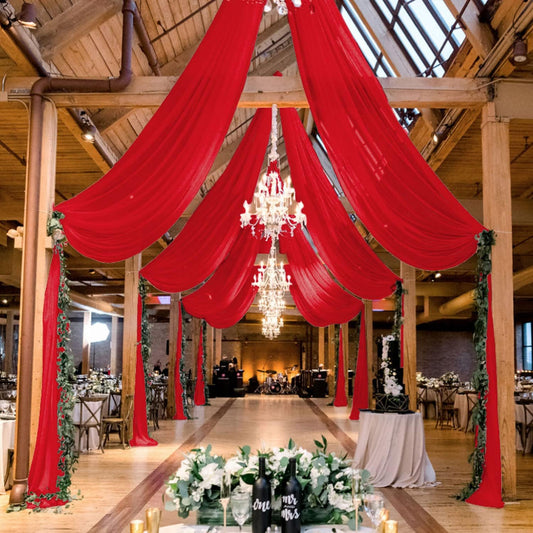 MODFUNS Wedding Ceiling Drapes Red Chiffon Ceiling Draping Fabric 5x20ft 6 Panels Sheer Arch Drapes Tulle Draping Fabrics Semi Sheer Stage Curtain for Wedding Banquet Decoration