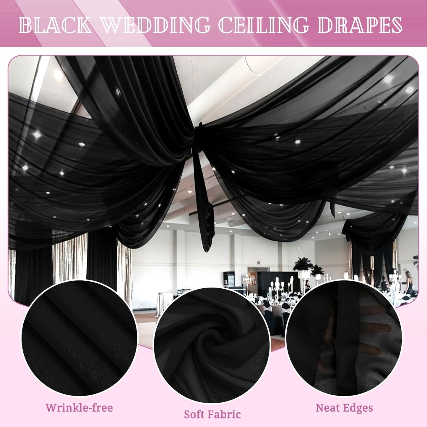6 Panels Black Ceiling Drapes for Wedding 5ftx30ft Chiffon Fabric Arch Draping Curtains Sheer Drapery for Party Ceremony Birthday Baby Shower Reception Stage Swag Ceiling Decorations