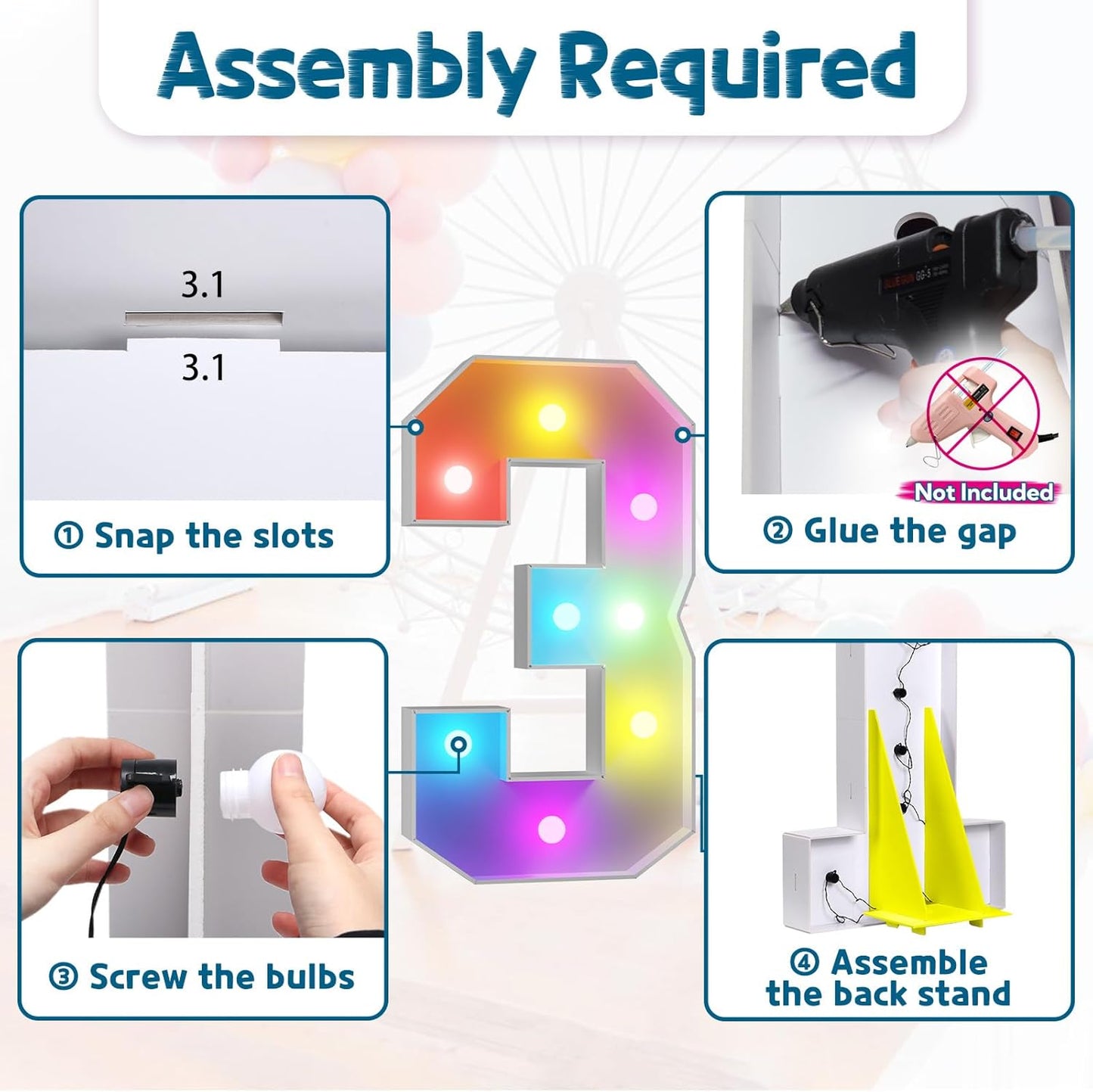 imprsv 3FT Colorful Marquee Numbers,18 Colors Number 3 with Remote, Light Up Numbers Sign for 3rd Birthday Decorations Anniversary Party Decor, Pre-Cut Foam Board Kit, Mosaic Sign for Balloon