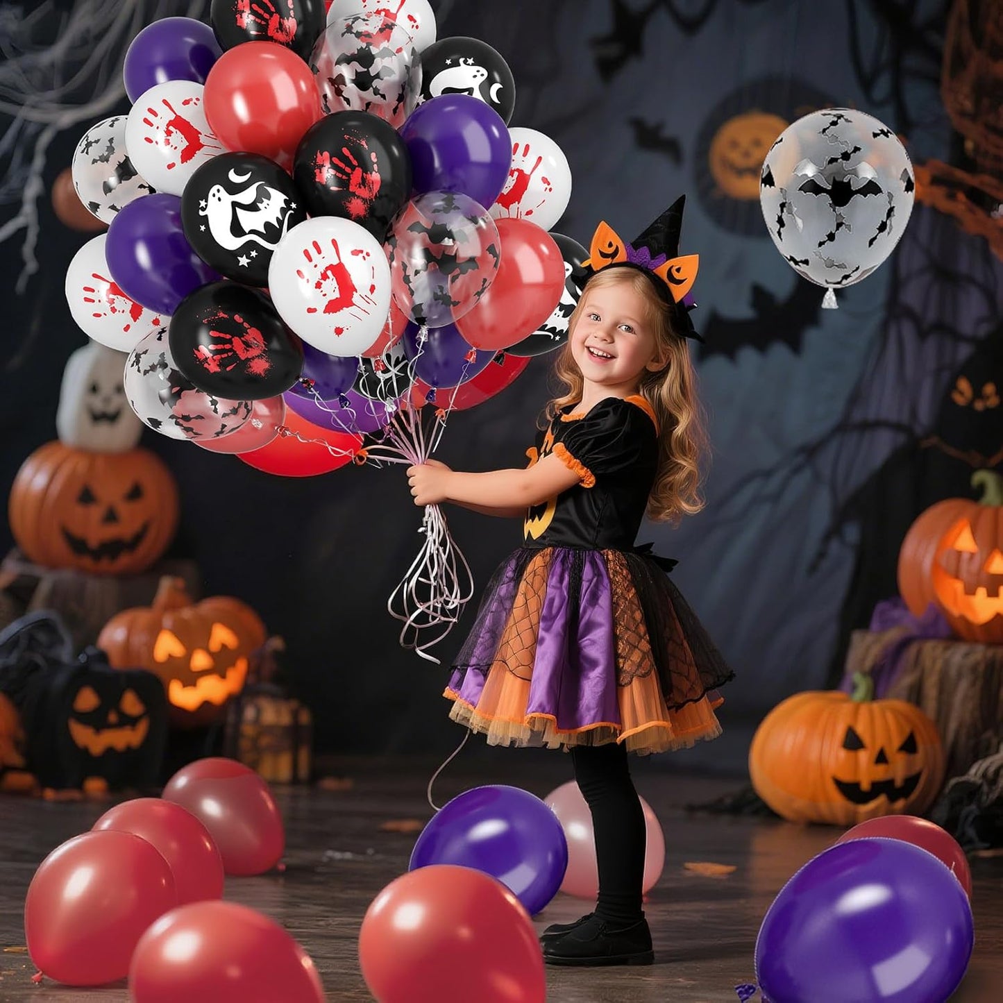 Paready Halloween Balloons, 50pcs Black Purple Red Balloons, Black White Bloody Handprint Balloon Bat Printed Balloon For Scary Halloween Masquerade Spooky Vampire Haunted Themed Birthday Party Decor