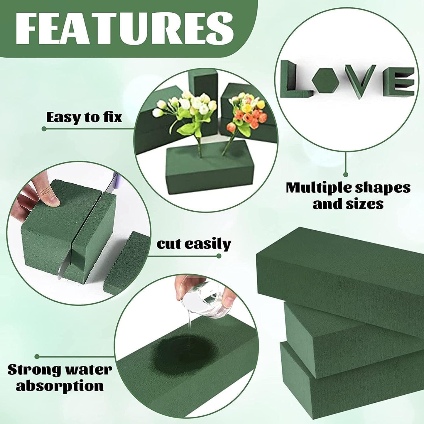 6 Pcs Floral Foam, Wet and Dry Floral Foam Blocks Flower Arrangement Kit for Fresh or Silk Artificial Flowers (Green, 6" L x 3" W x 2.5" H)